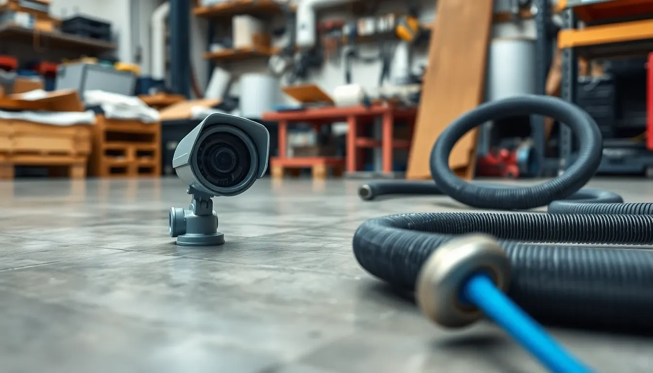 Flat-lay of drain rods, CCTV camera head and jetting hose