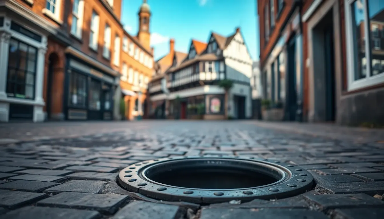 Open manhole on a Chester cobbled street
